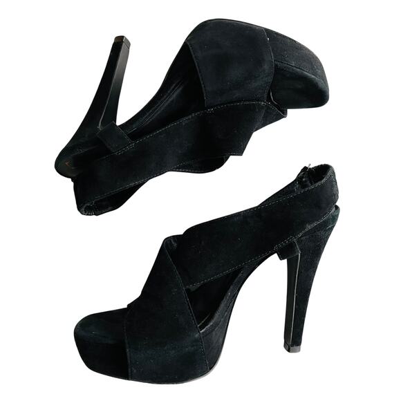 DVF Suede Criss Cross Open Toe Heel 6 Black Sandal Chunky Dance Party - Picture 3 of 7